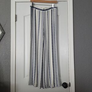 Karen Kane Boho Crepe Pants Blue Creamy White Womens L Stretch Waist Wide Leg